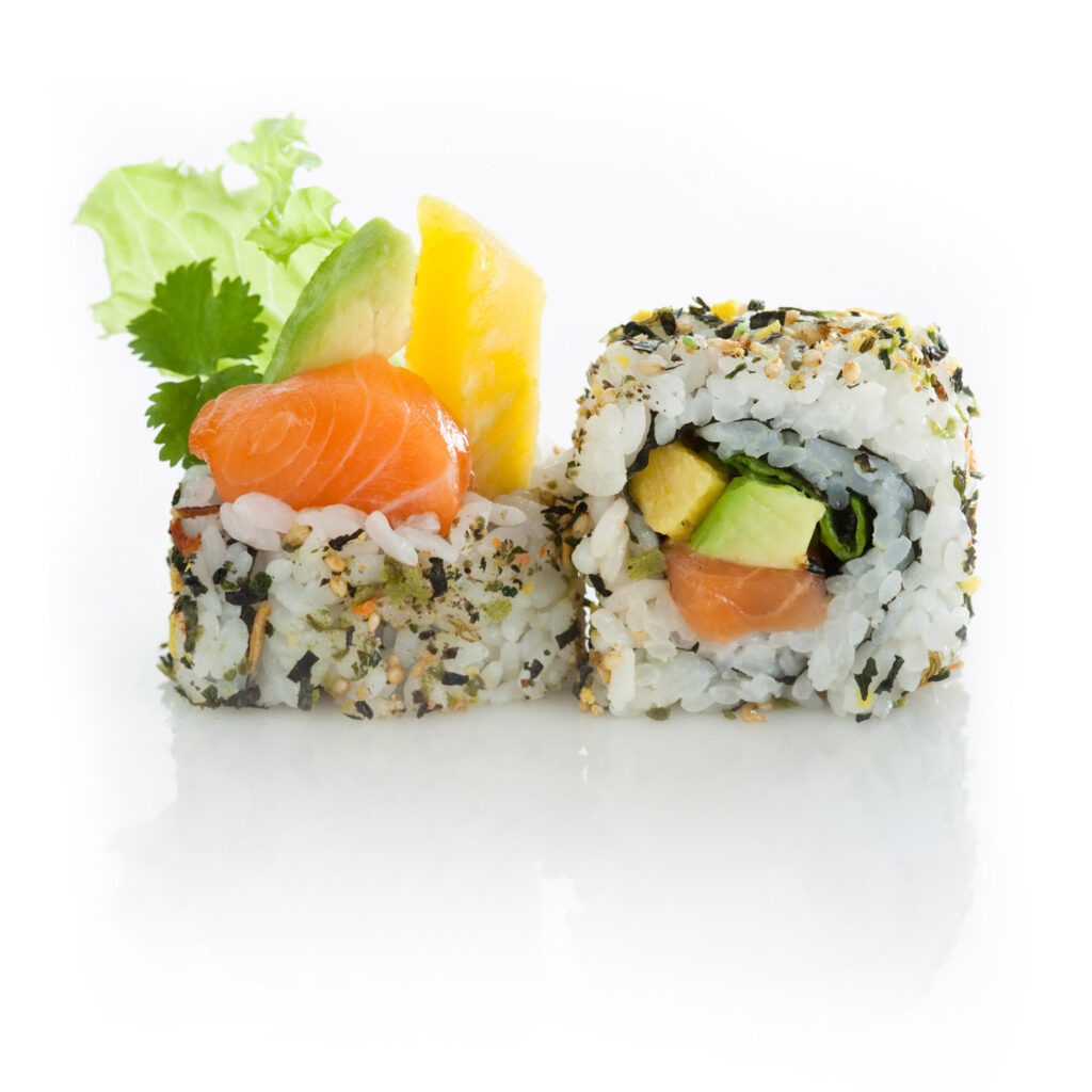 packshot produit sur fond blanc, de sushi