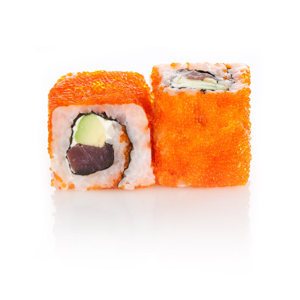packshot produit sur fond blanc, de sushi