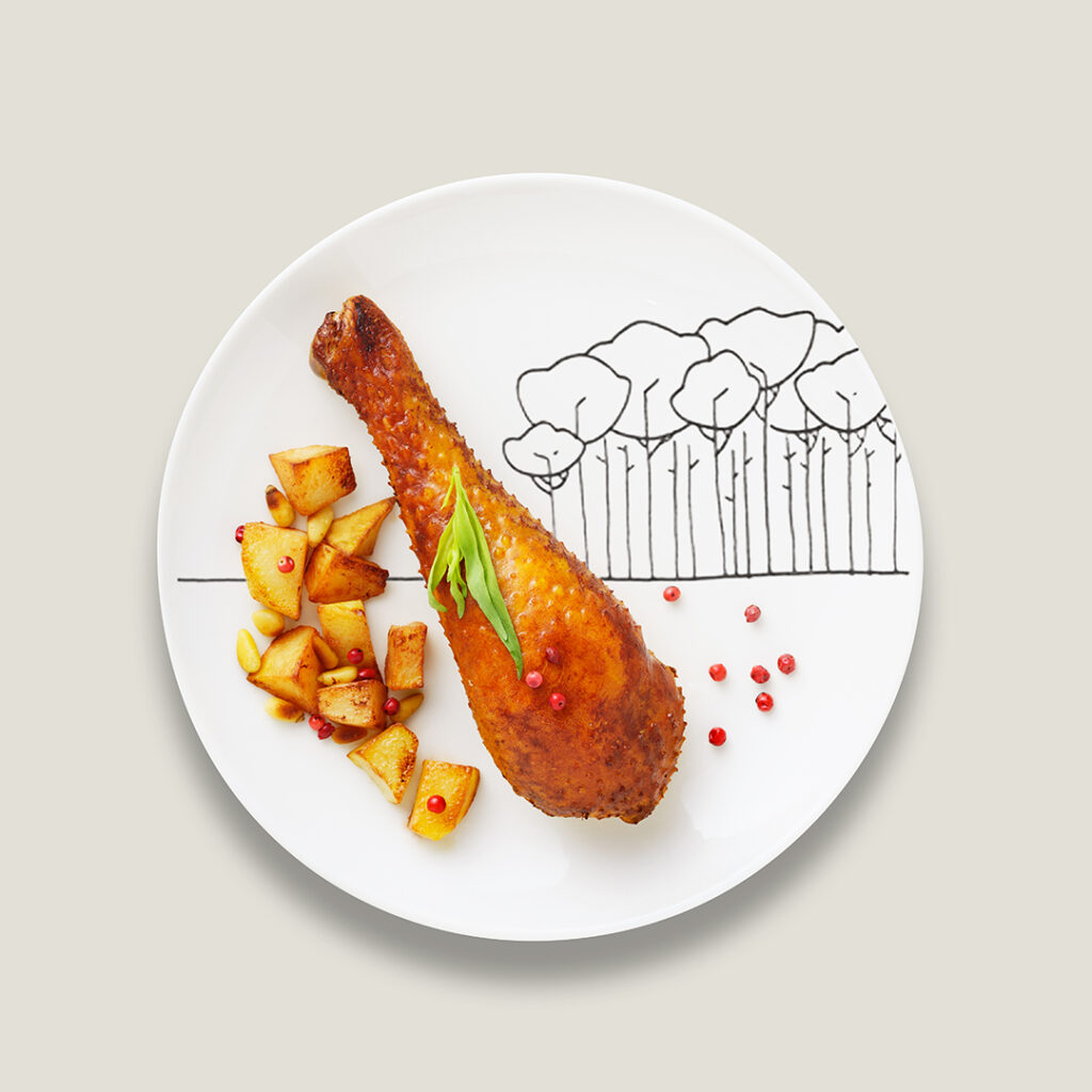 packshot produits sur fond blanc d une assiette avec une cuisse de canard pour qualite landes