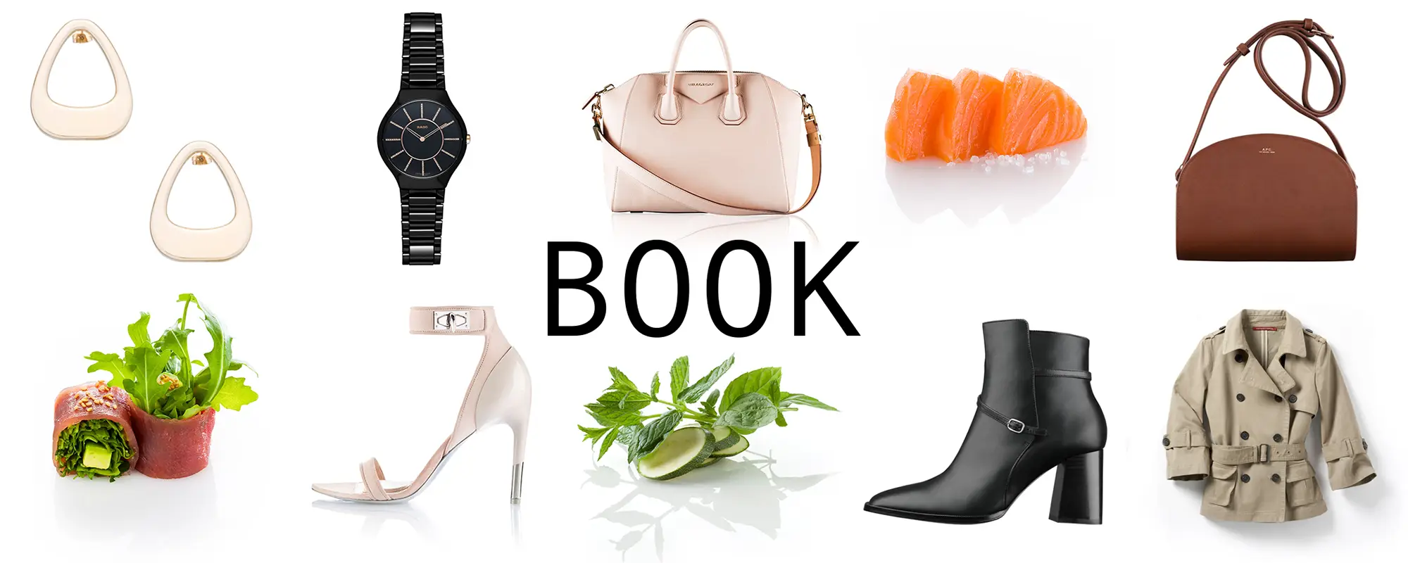 Composite de photos packshot : culinaire, chaussures et accessoires de mode, réalisées par un photographe en studio sur fond blanc.